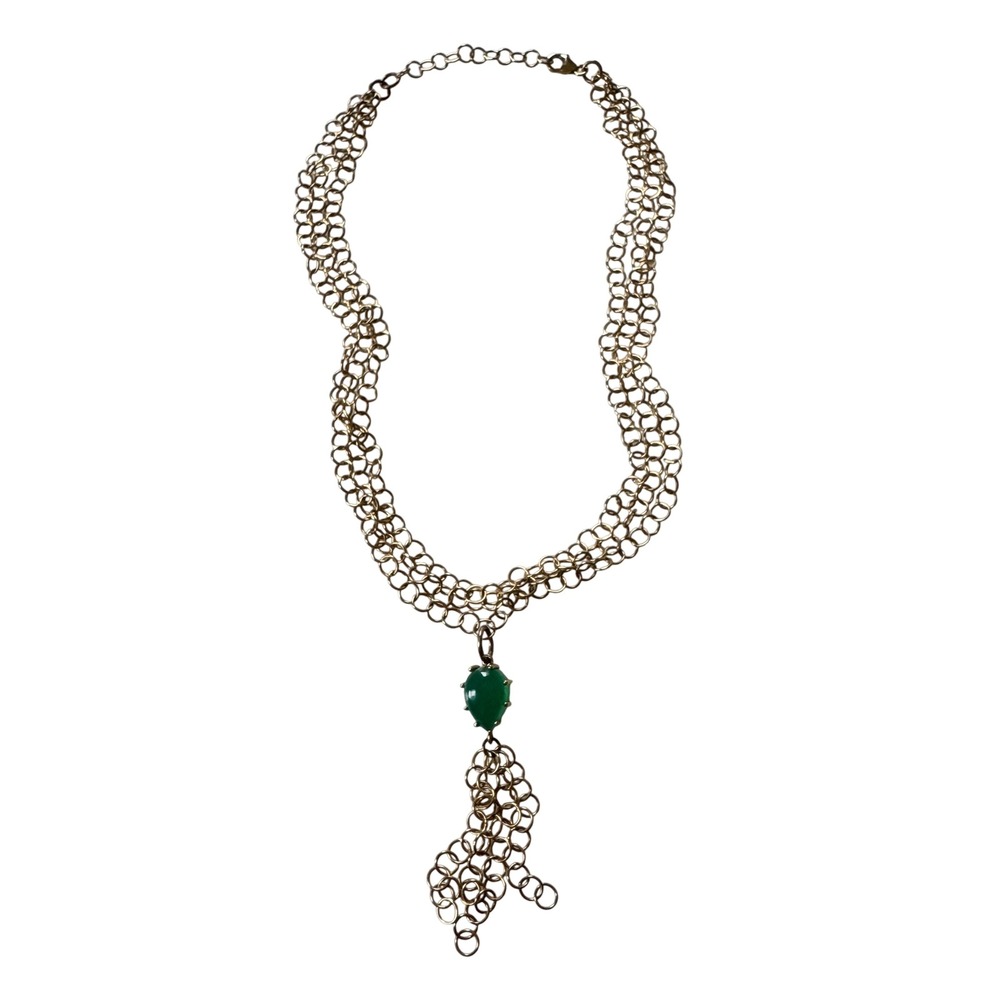 Vintage Triple Chain Tassel Necklace Emerald Green Pear Crystal Gold Tone Adj‎